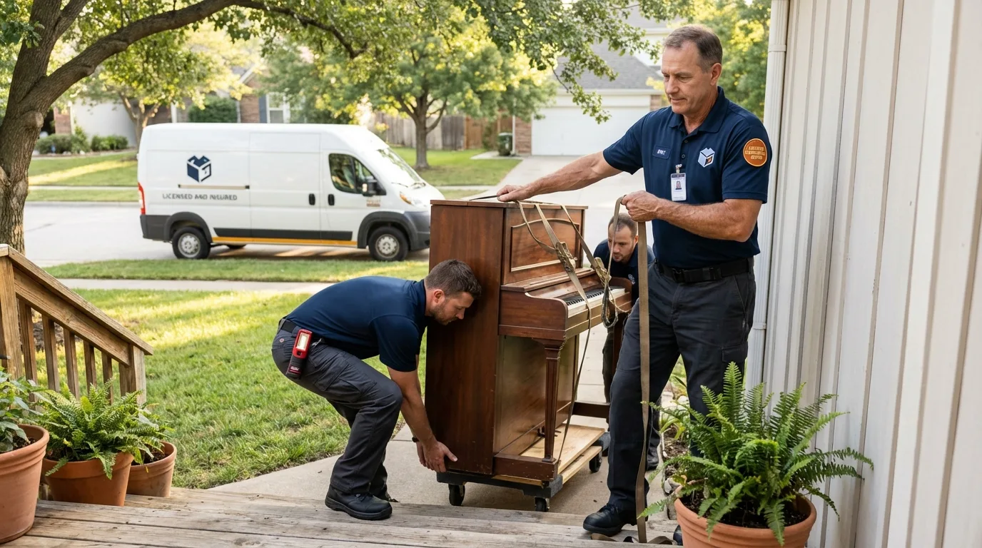 Licensed piano movers securing grand piano in Gulf Shores, AL