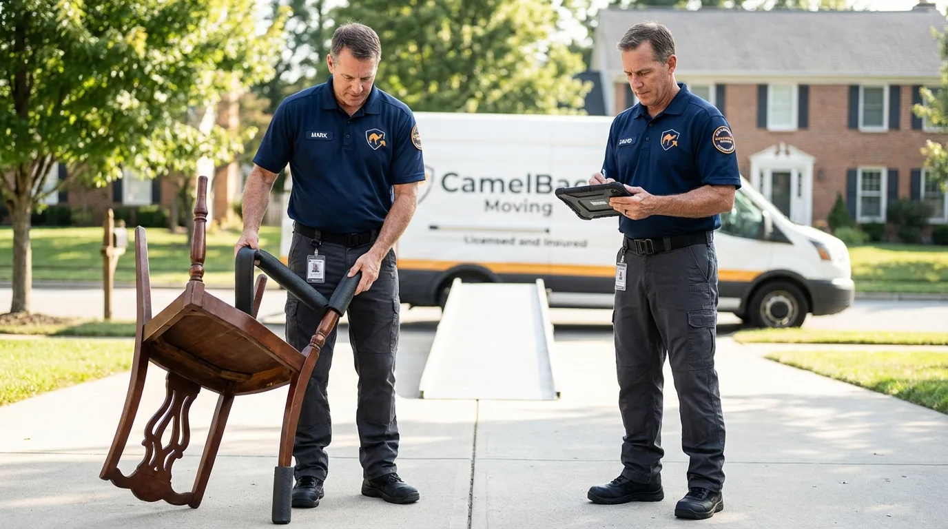 Movers inspecting furniture for damage prevention before loading in Gulf Shores, AL