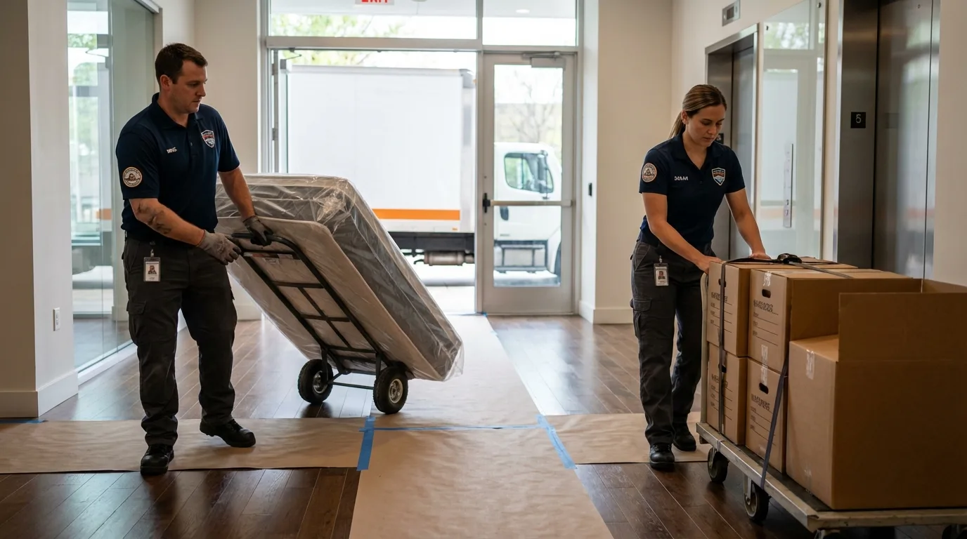 Professional apartment movers loading elevator in Gulf Shores, AL
