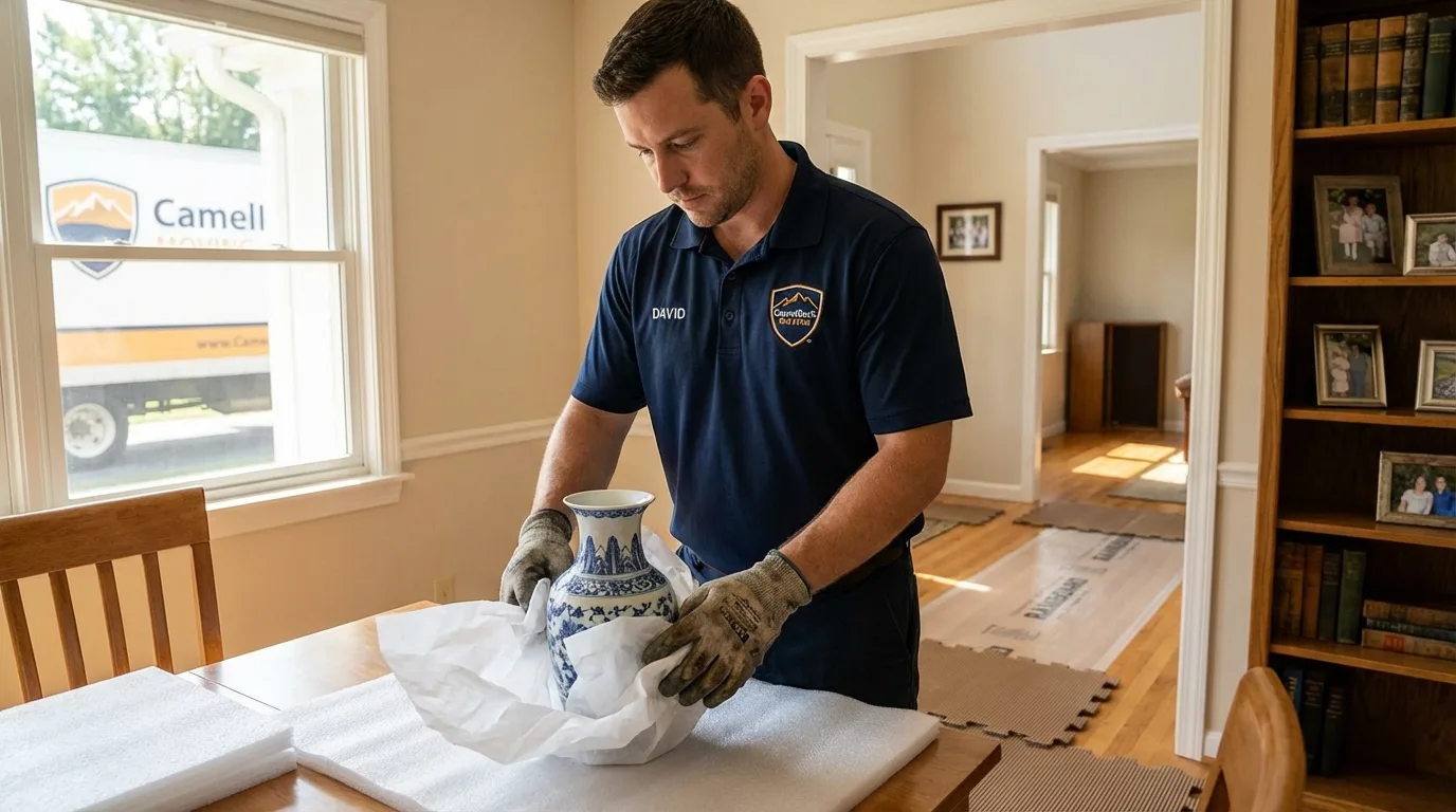 Professional crew carefully wrapping antique vase for senior downsizing move in Gulf Shores, AL